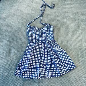 Milly adorable blue/white gingham plaid halter neck mini dress cotton fitted M